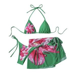 Verdusa Women's 3 Piece Tie Side Thong - Halter Bikini - Sarong-Tropical Green L